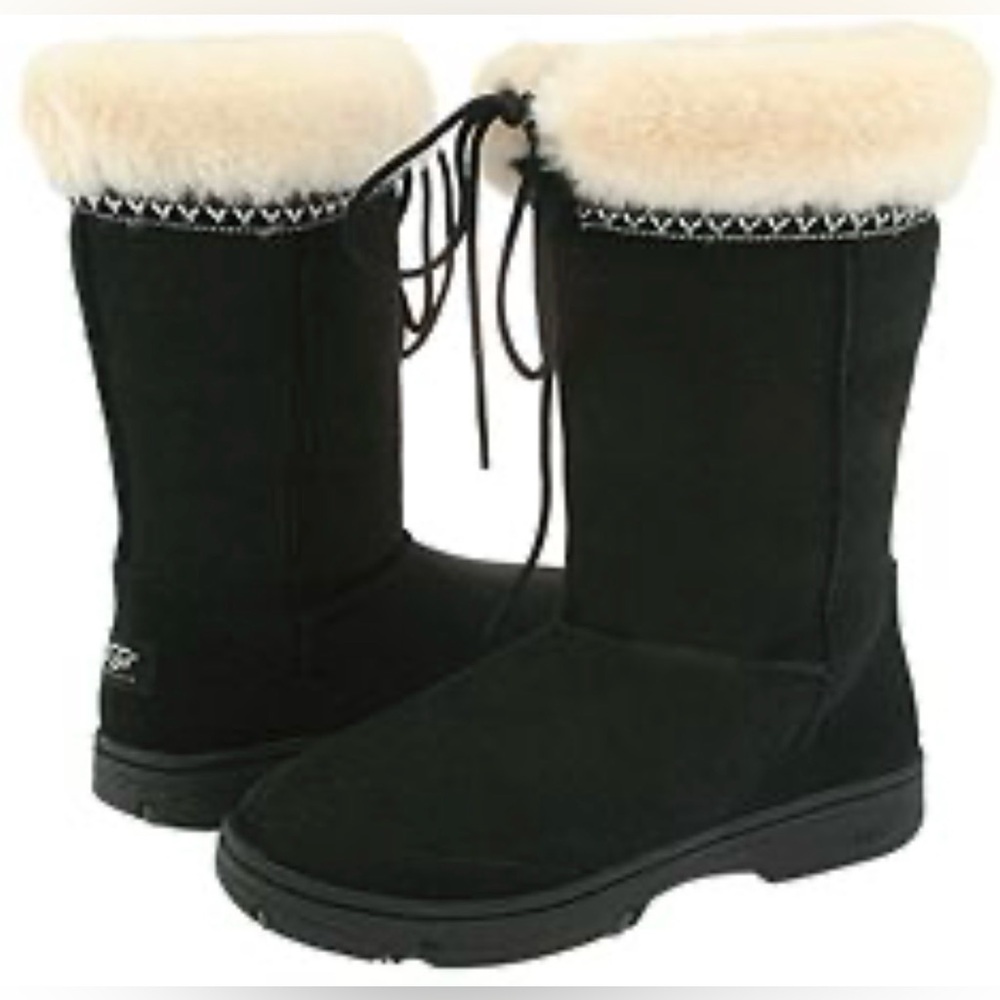 UGG Ultimate Cuff Leather Shearling Winter Snow Boots Black Women Size 8 - Picture 1 of 6
